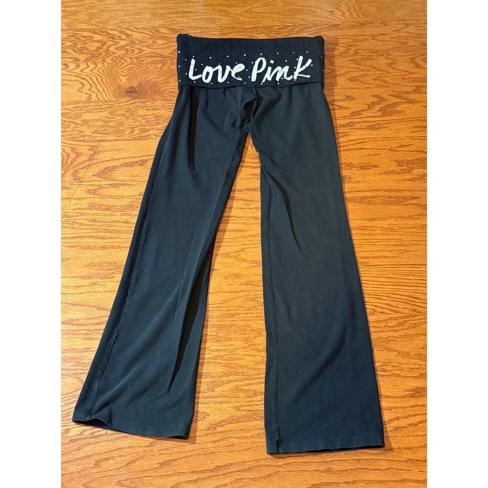 Vintage 2000s Love Pink Rhinestone Lace Foldover Flare Black Yoga Pants Sz Small
